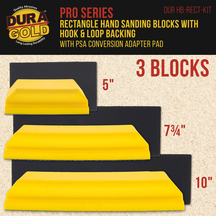 Dura-Gold Pro Series Classic Rectangle Hand Sanding Block Kit with 3 Blocks, 5", 7-3/4" and 10" Set, Hook & Loop Backing and PSA Sandpaper Adapter Pad