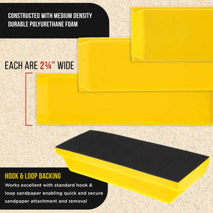 Pro Series Classic Rectangle Hand Sanding Block Kit with 3 Blocks, 5", 7-3/4" and 10" Set, Hook & Loop Backing and PSA Sandpaper Adapter Pad