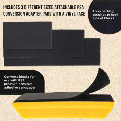 Pro Series Classic Rectangle Hand Sanding Block Kit with 3 Blocks, 5", 7-3/4" and 10" Set, Hook & Loop Backing and PSA Sandpaper Adapter Pad