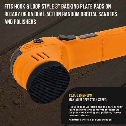 Pro Series 3" x 10mm Soft Density Interface Pad, 3 Pack - Hook & Loop Foam Cushion Used Between Sander Sanding Discs, Polisher Polishing Pad