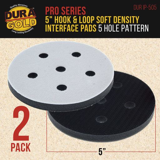 Dura-Gold Pro Series 5" x 10mm Soft Density Interface Pad, 5 Hole Pattern Dustless, 2 Pack - Hook & Loop, Between Vacuum Sander Sanding Discs Polisher
