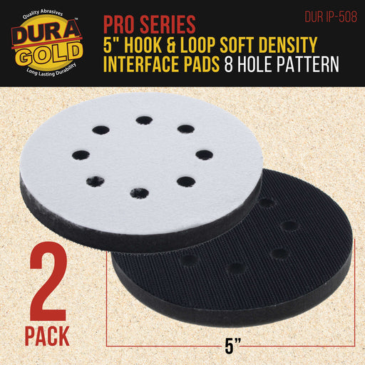 Dura-Gold Pro Series 5" x 10mm Soft Density Interface Pad, 8 Hole Pattern Dustless, 2 Pack - Hook & Loop, Between Vacuum Sander Sanding Discs Polisher