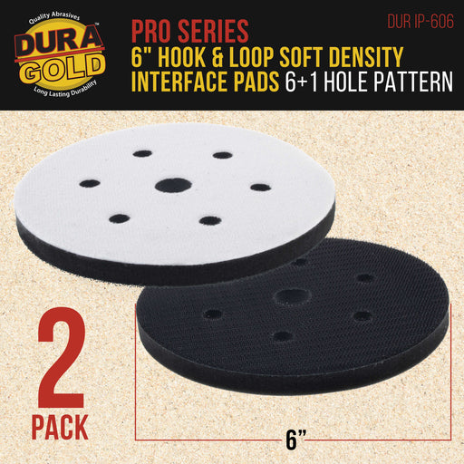 Dura-Gold Pro Series 6" x 10mm Soft Density Interface Pad, 6 + 1 Hole Pattern, 2 Pack - Hook & Loop, Between Vacuum Sander Sanding Discs, Polisher Pad