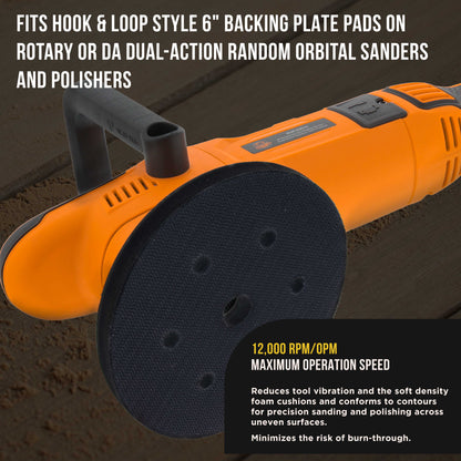 Pro Series 6" x 10mm Soft Density Interface Pad, 6 + 1 Hole Pattern, 2 Pack - Hook & Loop, Between Vacuum Sander Sanding Discs, Polisher Pad