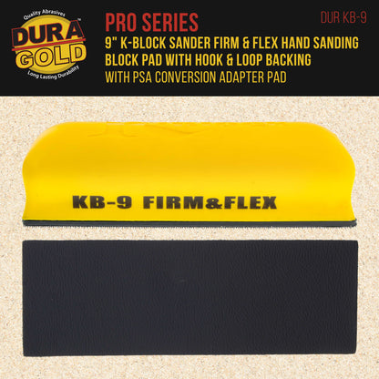 Pro Series 9" K-Block Sander Firm & Flex Hand Sanding Block Pad with Hook & Loop Backing and PSA Sandpaper Conversion Adapter Pad