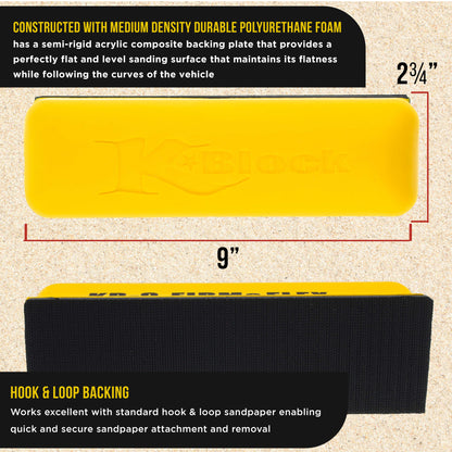 Pro Series 9" K-Block Sander Firm & Flex Hand Sanding Block Pad with Hook & Loop Backing and PSA Sandpaper Conversion Adapter Pad