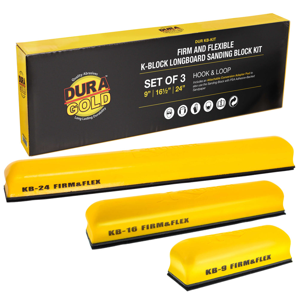 Dura-Gold Pro Series K-Block Sander Firm & Flex Hand Sanding Block Kit, 9", 16" and 24" with Hook & Loop Backing and PSA Sandpaper Conversion Adapter