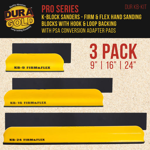 Dura-Gold Pro Series K-Block Sander Firm & Flex Hand Sanding Block Kit, 9", 16" and 24" with Hook & Loop Backing and PSA Sandpaper Conversion Adapter