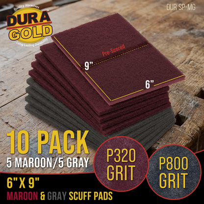 Premium 6" x 9" Scuff Pads, 5 Each Maroon General Purpose & 5 Each Gray Ultra Fine - Scuffing, Sanding, Auto Paint Surface Adhesion Prep