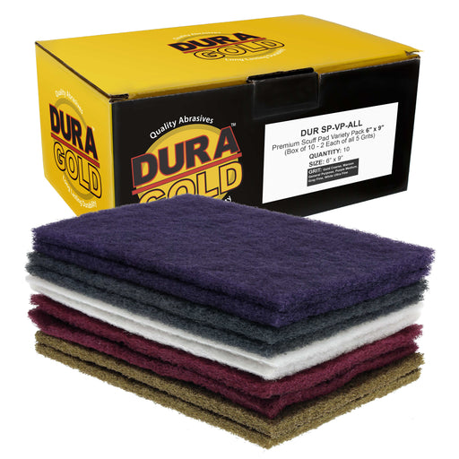 Dura-Gold Premium 6" x 9" 10 Scuff Pad Variety Pack, 2 Each Maroon, Gray, Gold, Purple and White - Scuffing, Scouring, Sanding, Cleaning, Automotive