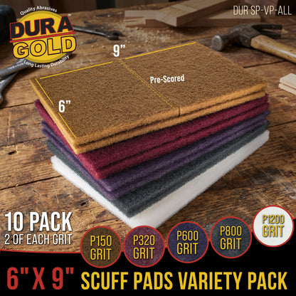 Premium 6" x 9" 10 Scuff Pad Variety Pack, 2 Each Maroon, Gray, Gold, Purple and White - Scuffing, Scouring, Sanding, Cleaning, Automotive