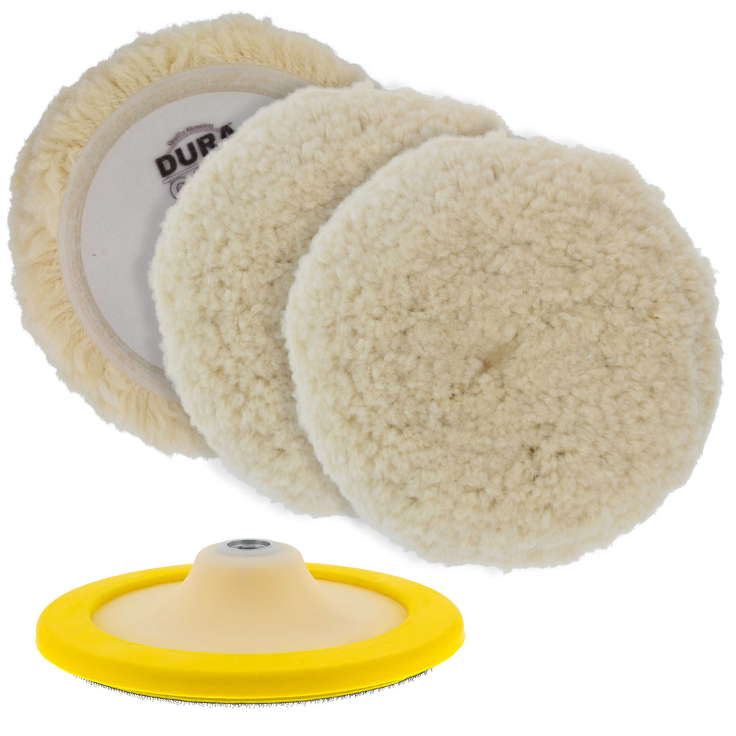 3 Pack of 8" 100% Premium Wool Hook & Loop Grip Buffing Pads with a 7" Flexible Edge Backing Plate - Compound Cutting, Polishing - Polisher