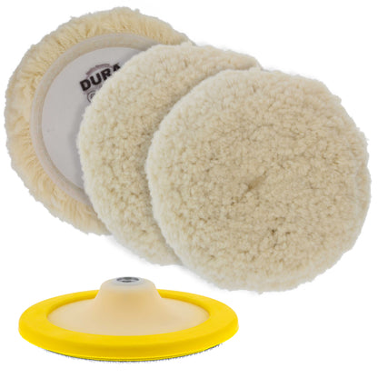 3 Pack of 8" 100% Premium Wool Hook & Loop Grip Buffing Pads with a 7" Flexible Edge Backing Plate - Compound Cutting, Polishing - Polisher