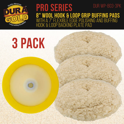 3 Pack of 8" 100% Premium Wool Hook & Loop Grip Buffing Pads with a 7" Flexible Edge Backing Plate - Compound Cutting, Polishing - Polisher