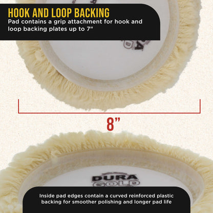 3 Pack of 8" 100% Premium Wool Hook & Loop Grip Buffing Pads with a 7" Flexible Edge Backing Plate - Compound Cutting, Polishing - Polisher