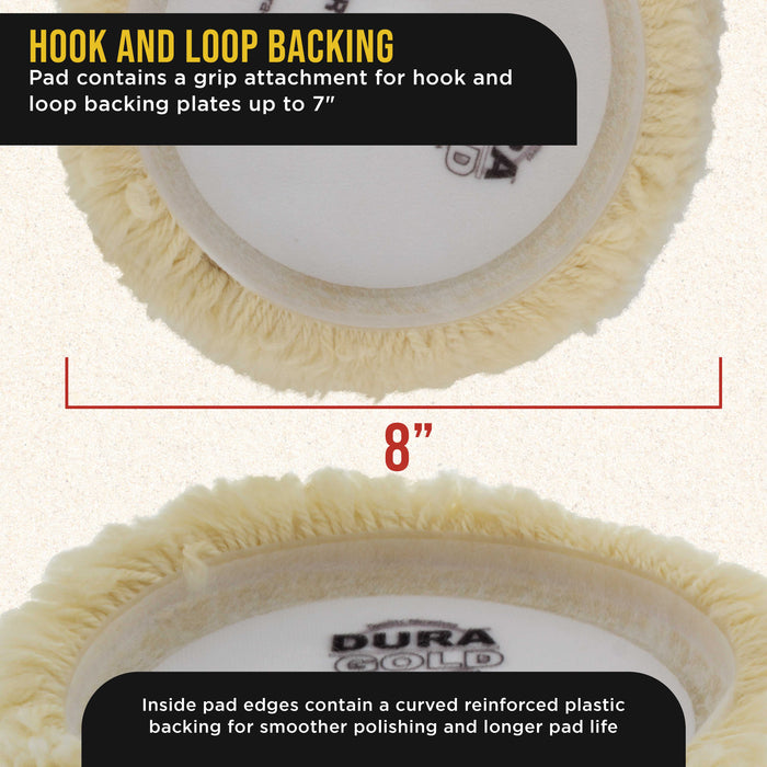 Dura-Gold 3 Pack of 8" 100% Premium Wool Hook & Loop Grip Buffing Pads with a 7" Flexible Edge Backing Plate - Compound Cutting, Polishing - Polisher