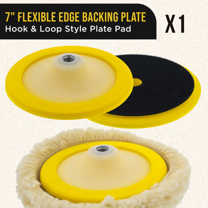 3 Pack of 8" 100% Premium Wool Hook & Loop Grip Buffing Pads with a 7" Flexible Edge Backing Plate - Compound Cutting, Polishing - Polisher