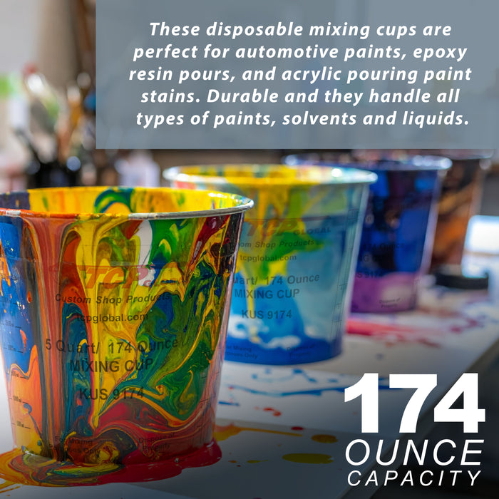 Custom Shop Paint Mixing Cups, 5-Quart (12 Pack) - Plastic Measuring Cups for Liquids, Automotive Painting, Epoxy Resin, Acrylic Arts, Crafts, Disposable or Reusable, Graduated, Mixing Ratios