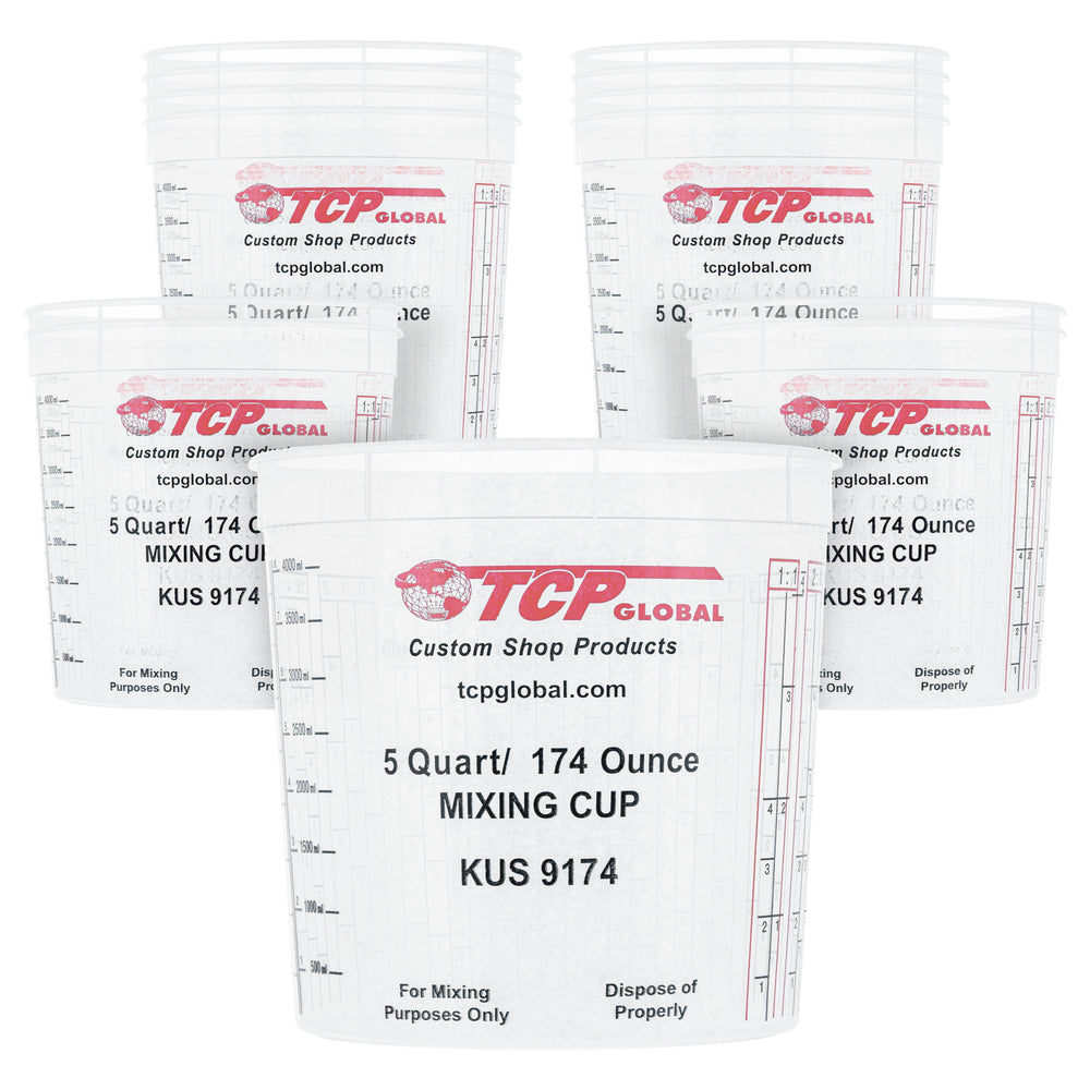 Custom Shop Paint Mixing Cups, 5-Quart (12 Pack) - Plastic Measuring Cups for Liquids, Automotive Painting, Epoxy Resin, Acrylic Arts, Crafts, Disposable or Reusable, Graduated, Mixing Ratios