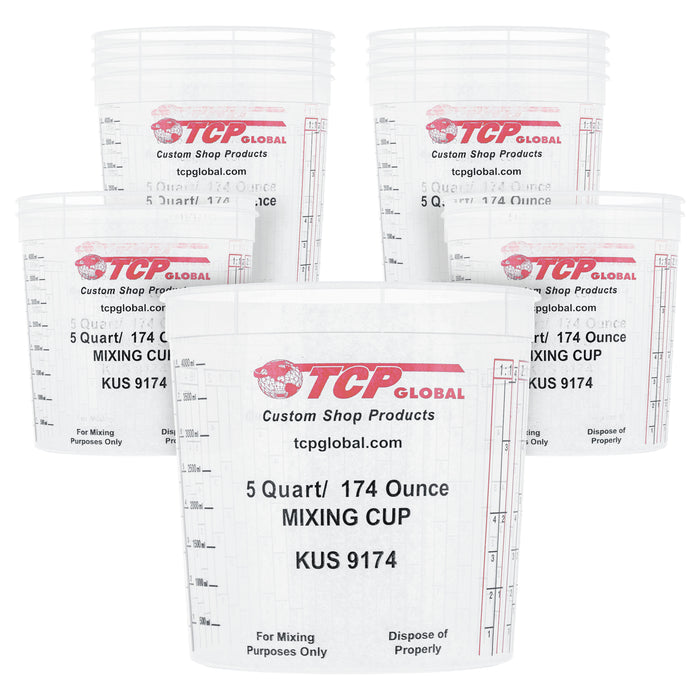 Custom Shop Paint Mixing Cups, 5-Quart (12 Pack) - Plastic Measuring Cups for Liquids, Automotive Painting, Epoxy Resin, Acrylic Arts, Crafts, Disposable or Reusable, Graduated, Mixing Ratios