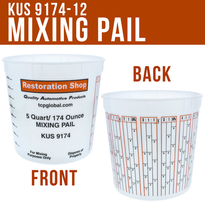 Pack of 12 - Mix Cups - 5 Quart size - 174 ounce Volume Paint and Epoxy Mixing Cups - Mix Cups Are Calibrated with Multiple Mixing Ratios