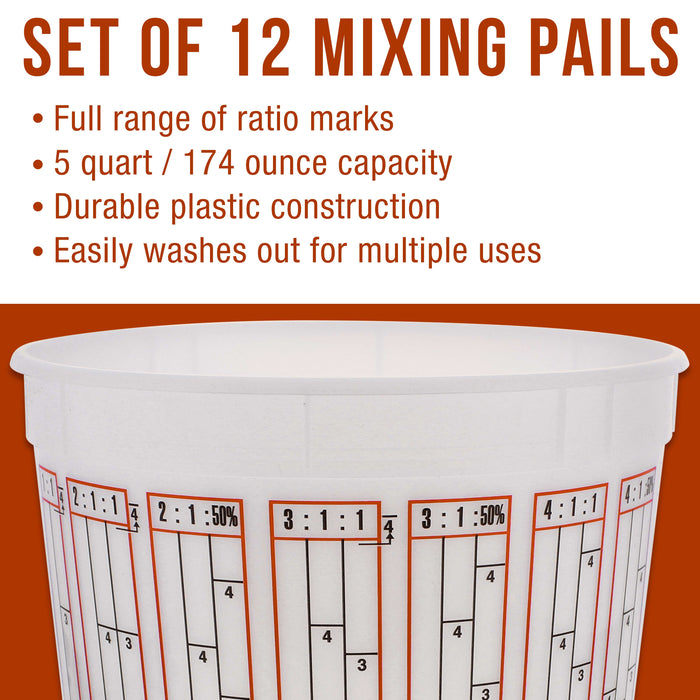 Pack of 12 - Mix Cups - 5 Quart size - 174 ounce Volume Paint and Epoxy Mixing Cups - Mix Cups Are Calibrated with Multiple Mixing Ratios