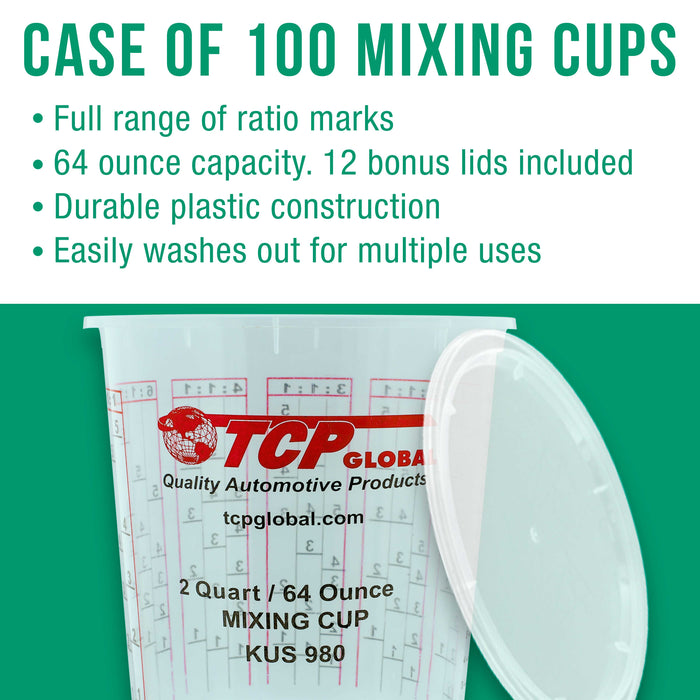 Box of 100 Mix Cups, Half Gallon size, 64 ounce Volume Paint & Epoxy Mixing Cups - Mix Cups Are Calibrated with Multiple Mixing Ratios, 12 Bonus Lids