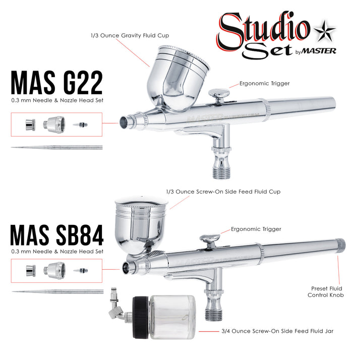 Master G65 Studio Airbrush Set with 6 Different Airbrush Models (3 Gravity Feed, 2 Siphon Feed, 1 Side Feed)