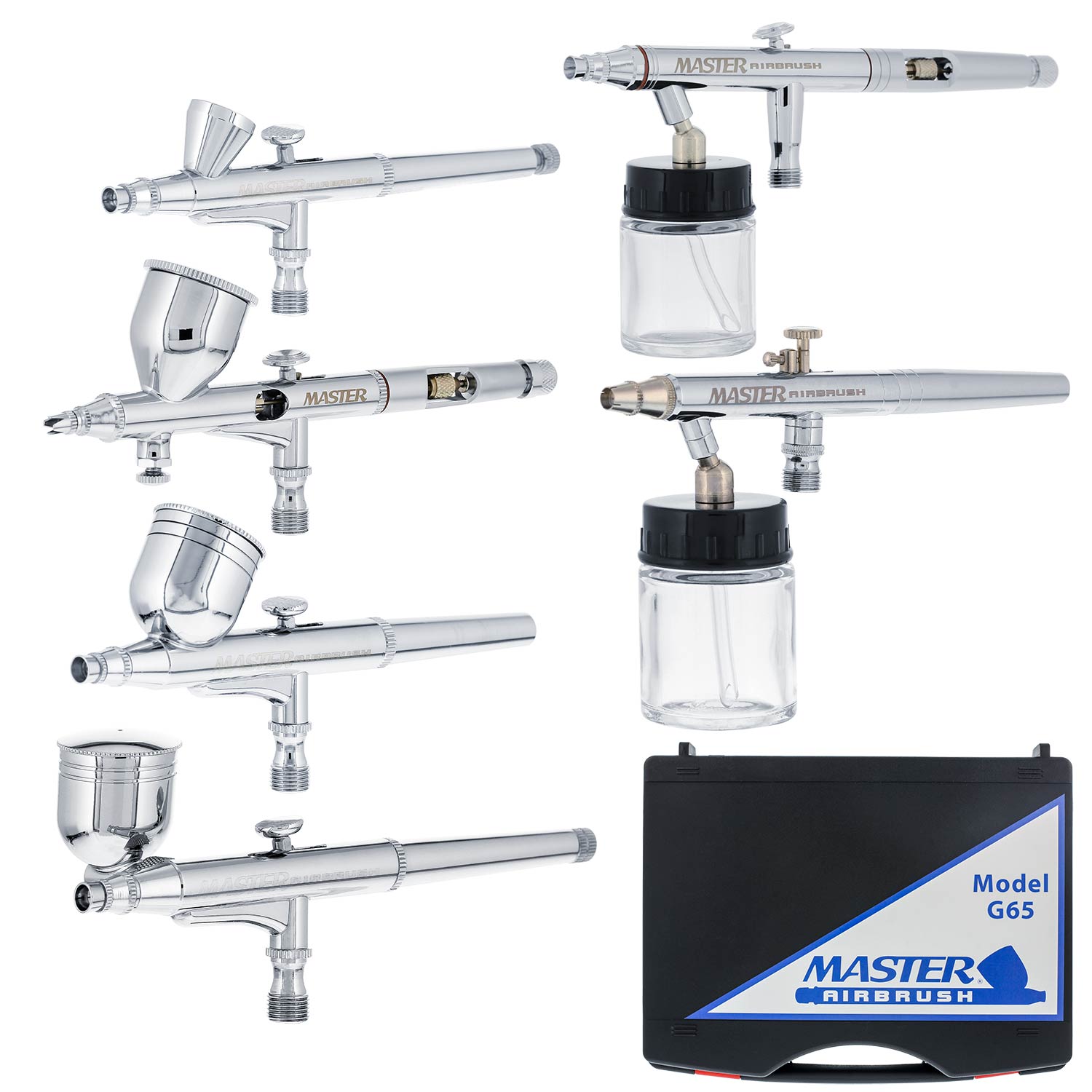 8 Master Hi-Flow S62 Dual-Action Siphon Feed Airbrushes with 0.5 mm Tips,  3/4 oz. Bottles, Cutaway Handles & Storage Case