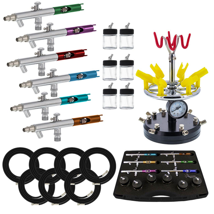 Master S66 Airbrush Set with 6 Precision Siphon Feed Airbrushes, 6 Station Airbrush Holder with Air Regulated Manifold, 7 Air Hoses & 6 Bottles