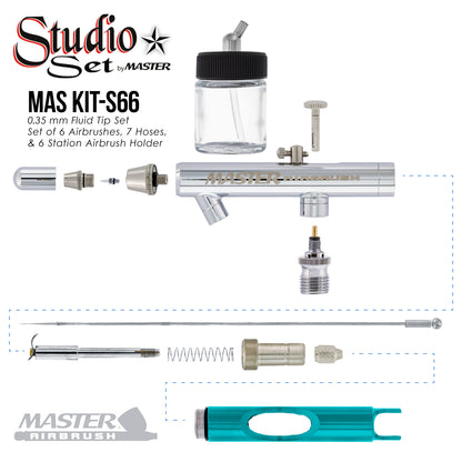 Master S66 Airbrush Set with 6 Precision Siphon Feed Airbrushes, 6 Station Airbrush Holder with Air Regulated Manifold, 7 Air Hoses & 6 Bottles