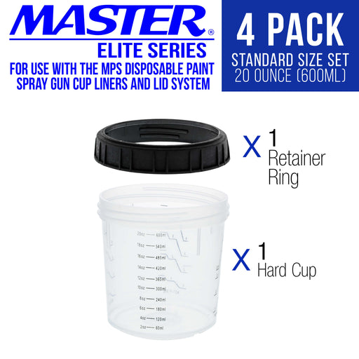 Master Paint System MPS, 4 Pack Set of Standard Size 20 Ounce (600ml) Hard Cups and Retainer Rings - 4 Hard Cups and 4 Rings