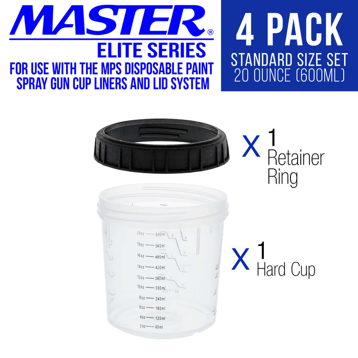 Master Paint System MPS, 4 Pack Set of Standard Size 20 Ounce (600ml) Hard Cups and Retainer Rings - 4 Hard Cups and 4 Rings