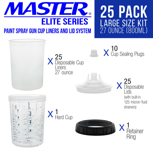Master Paint System MPS Disposable Paint Spray Gun Cup Liners and Lid System, 25 Pack Large Size 27 Ounce (800ml) Kit