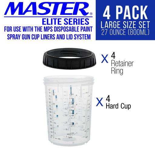 Master Paint System MPS, 4 Pack Set of Large Size 27 Ounce (800ml) Hard Cups and Retainer Rings - 4 Hard Cups and 4 Rings