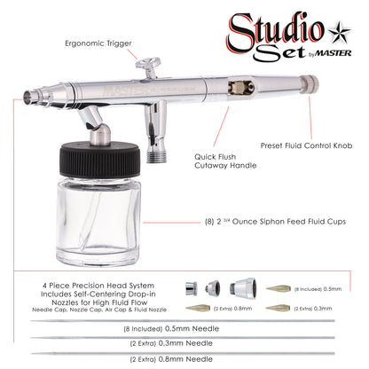 S67 Professional Studio Airbrush Set - 8 Dual-Action Airbrush Guns with 0.3mm, 0.5mm, and 0.8mm Interchangeable Tip Sets