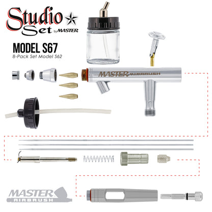S67 Professional Studio Airbrush Set - 8 Dual-Action Airbrush Guns with 0.3mm, 0.5mm, and 0.8mm Interchangeable Tip Sets