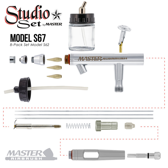 8 Master Hi-Flow S62 Dual-Action Siphon Feed Airbrushes with 0.5 mm Tips, 3/4 oz. Bottles, Cutaway Handles & Storage Case