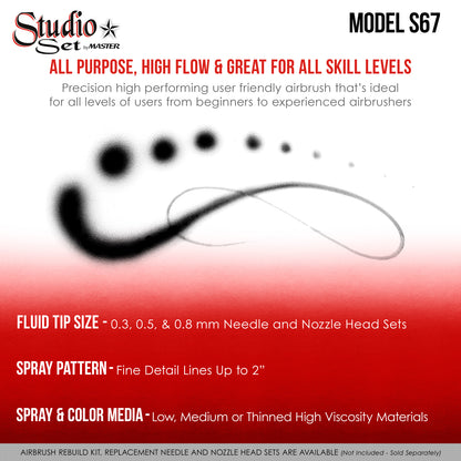 S67 Professional Studio Airbrush Set - 8 Dual-Action Airbrush Guns with 0.3mm, 0.5mm, and 0.8mm Interchangeable Tip Sets