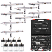 S67 Professional Studio Airbrush Set - 8 Dual-Action Airbrush Guns with 0.3mm, 0.5mm, and 0.8mm Interchangeable Tip Sets