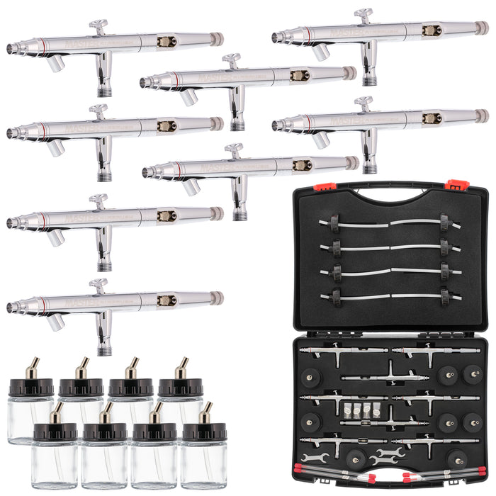 8 Master Hi-Flow S62 Dual-Action Siphon Feed Airbrushes with 0.5 mm Tips, 3/4 oz. Bottles, Cutaway Handles & Storage Case