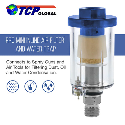 Mini In-Line Air Filter - Water & Oil Separator with Drain Valve - Water Trap, Air Dryer, Removes Moisture, Dirt - Use on Compressor Hose, Pneumatic