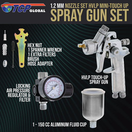 TCP Global Brand Mini Detail Touch-Up HVLP Spray Gun with 1.2mm Fluid Tip and Regulator