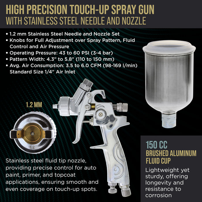 TCP Global Brand Mini Detail Touch-Up HVLP Spray Gun with 1.2mm Fluid Tip and Regulator