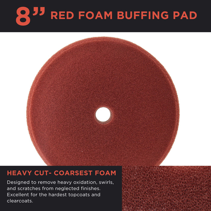 8" Red Foam Buffing Pad Extra Coarse Cutting Buffing Hook & Loop Grip Polish Car