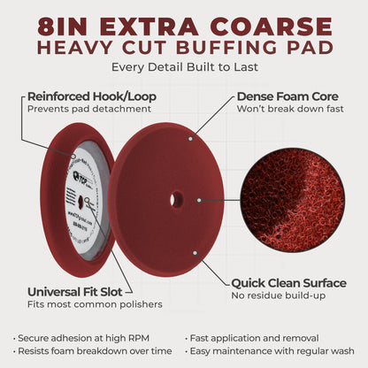 8" Red Foam Buffing Pad Extra Coarse Cutting Polish Hook and Loop Backing - Buffing Pad for Automotive, Marine, Truck, RV & Compound Cutting
