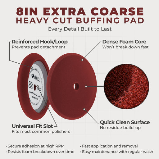 8" Red Foam Buffing Pad Extra Coarse Cutting Polish Hook and Loop Backing - Buffing Pad for Automotive, Marine, Truck, RV & Compound Cutting