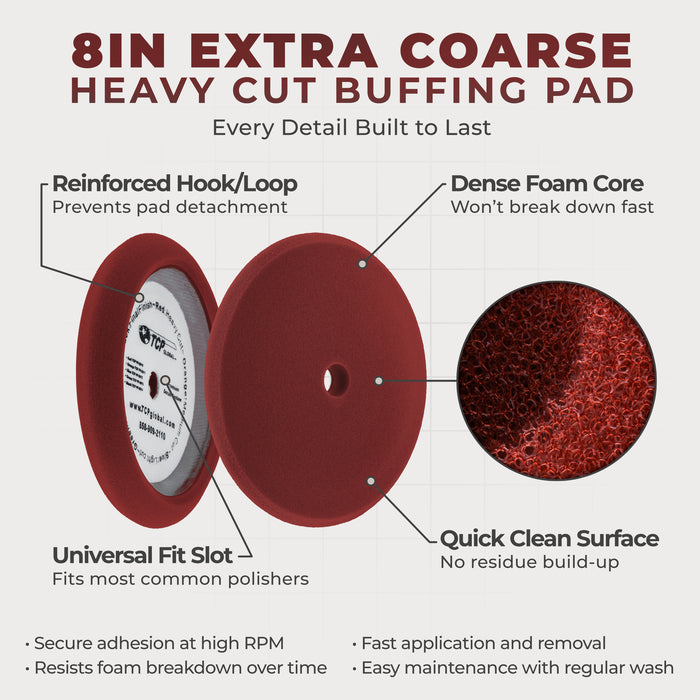 8" Red Foam Buffing Pad Extra Coarse Cutting Polish Hook and Loop Backing - Buffing Pad for Automotive, Marine, Truck, RV & Compound Cutting
