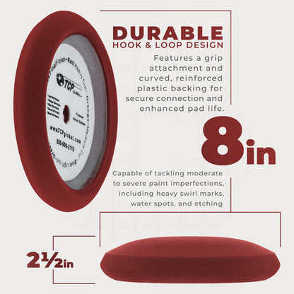 8" Red Foam Buffing Pad Extra Coarse Cutting Polish Hook and Loop Backing - Buffing Pad for Automotive, Marine, Truck, RV & Compound Cutting