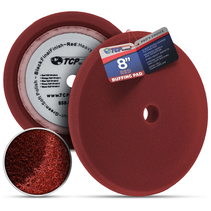 8" Red Foam Buffing Pad Extra Coarse Cutting Polish Hook and Loop Backing - Buffing Pad for Automotive, Marine, Truck, RV & Compound Cutting
